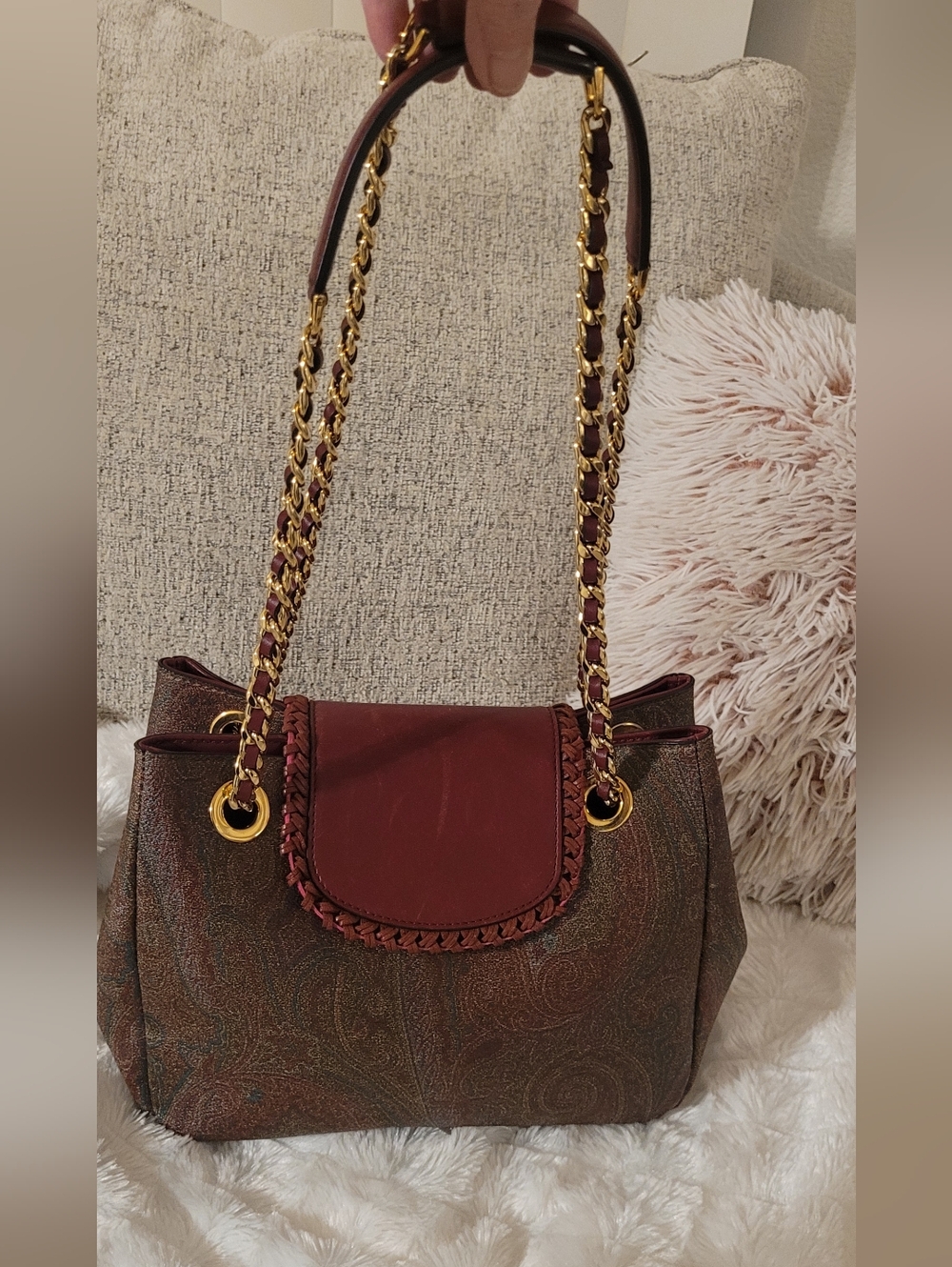 Etro Paisley Shoulder / Crossbody Bag with Maroon Flap & Gold chain handle- EUC